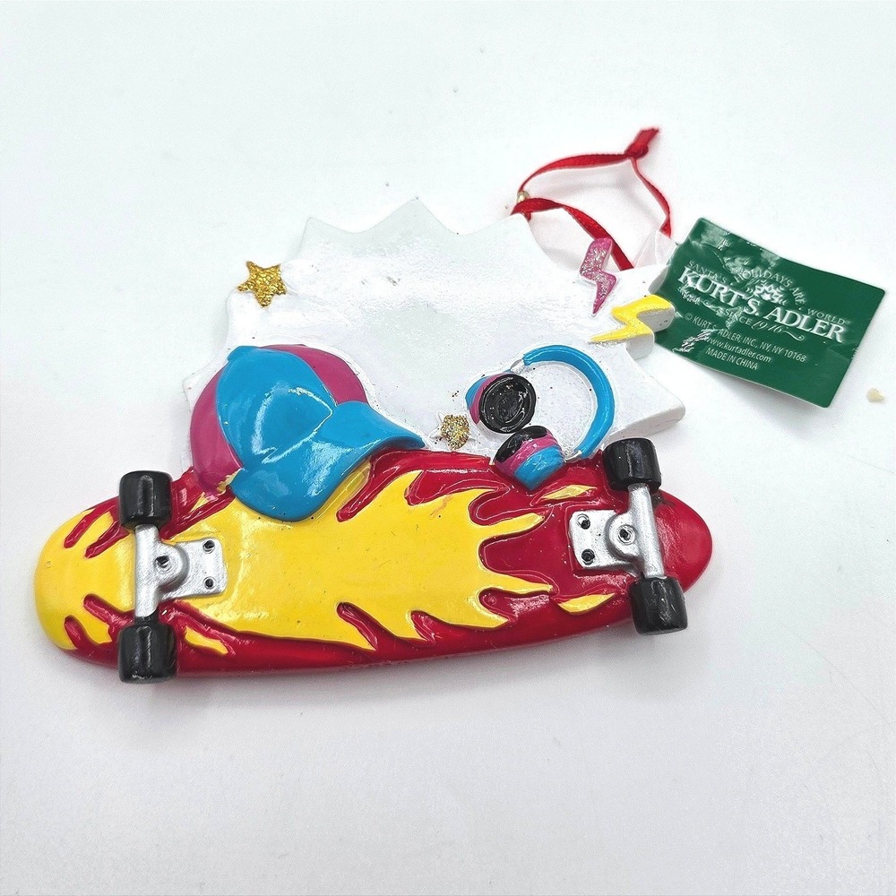 Kurt Adler Skateboard Ornament Red Yellow Flame Hat Headphones NEW